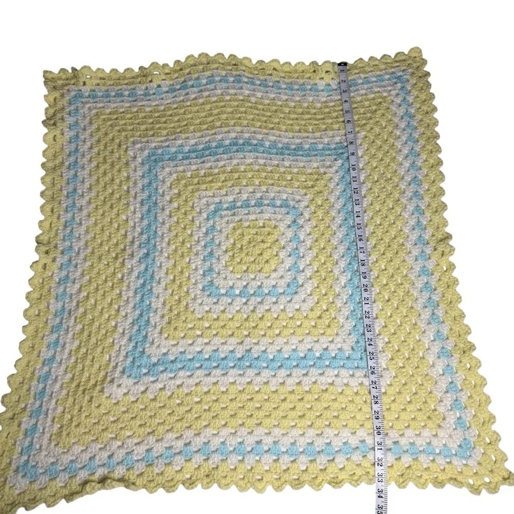 Hand Made Blue Yellow Square Afghan Baby Blanket Crochet Throw Home Decor 33x33”